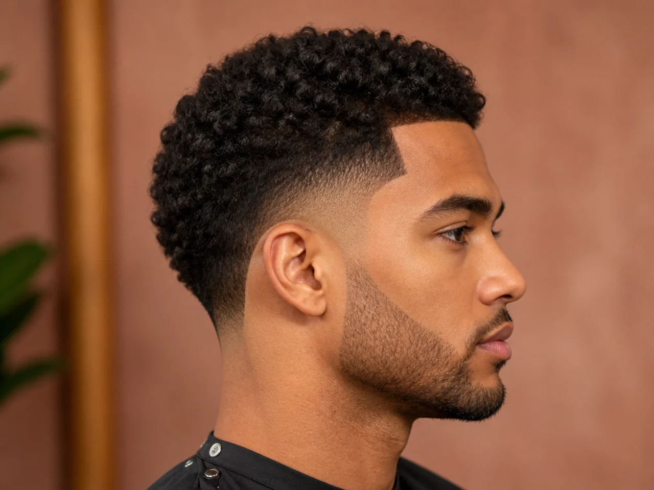Close-up side view of a barber curving the clipper in a soft arc around the ear on a fresh taper fade