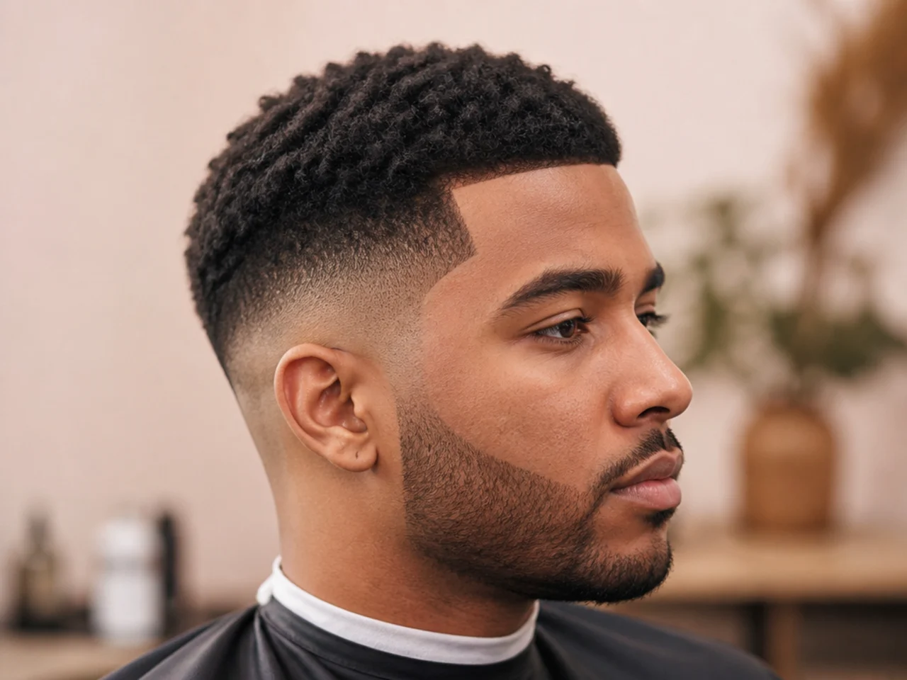 Barber using a straight razor to finish a sharp line-up at the forehead on a Black man's taper fade
