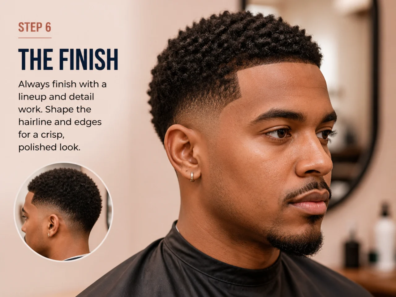 Split-panel showing the six-step sequence of a clean taper fade on Black hair — pick, guards, arc, nape, line-up, moisturize