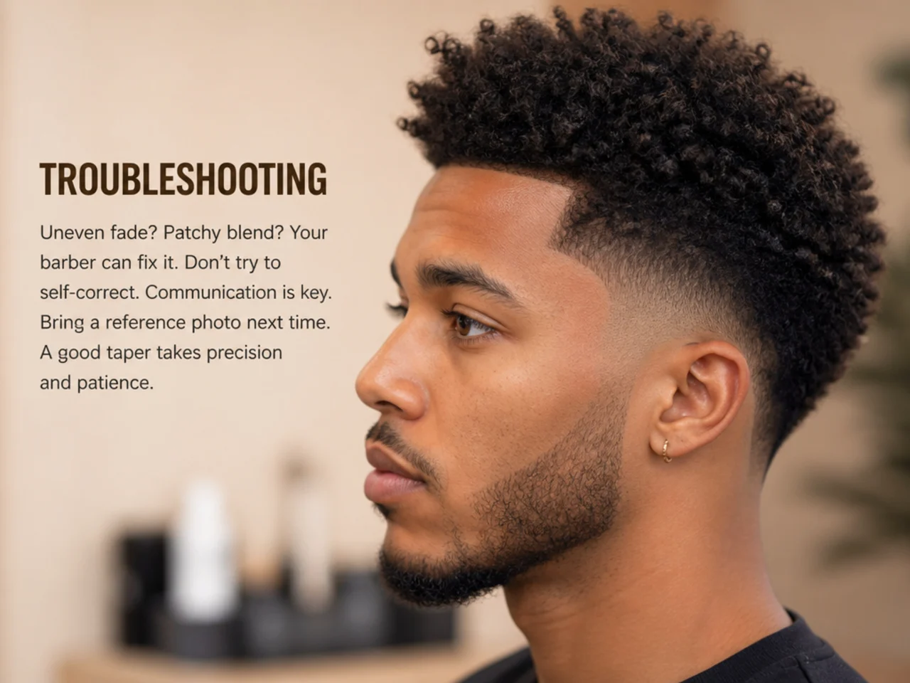 Side-by-side reference of a well-executed taper fade on Black hair next to one with visible stripe lines and a flat spot behind the ear