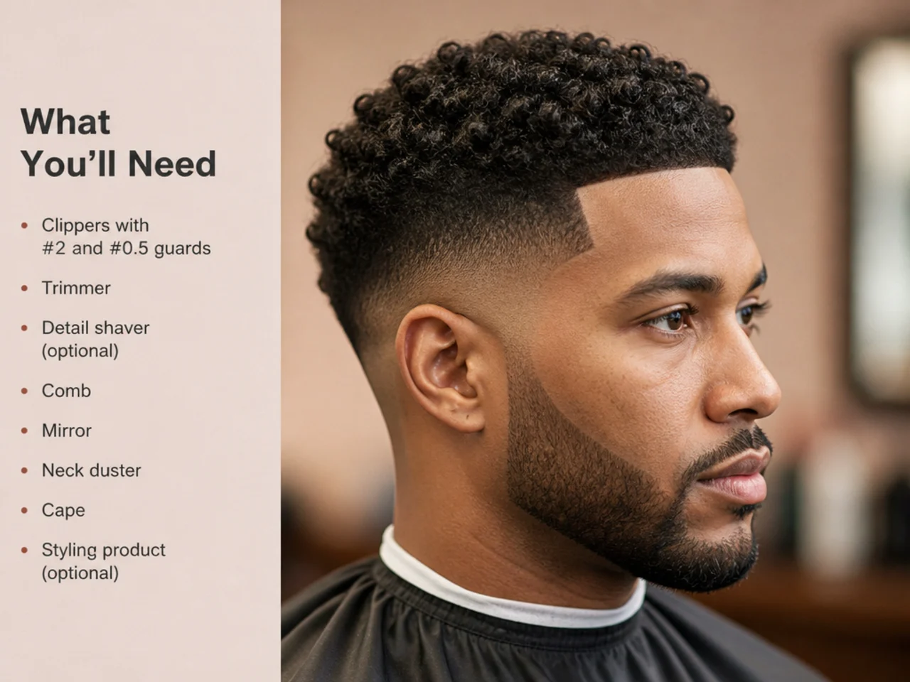 Flat-lay of taper fade tools for Black hair — wide-tooth pick, clippers with guards from #0.5 to #4, T-blade trimmer, straight razor, water spray bottle, leave-in, and light oil