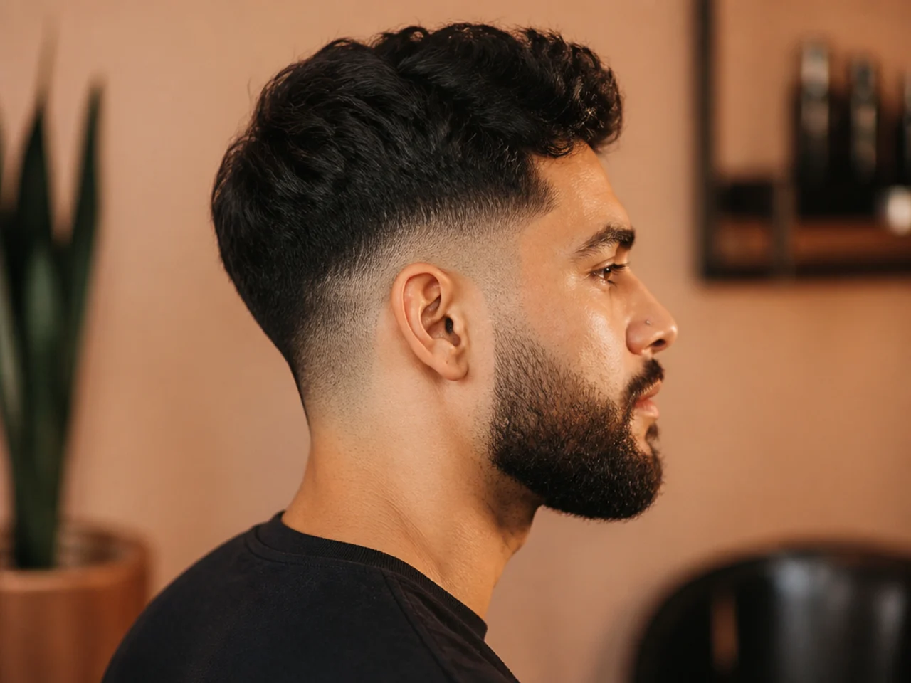 Short taper fade paired with a full beard
