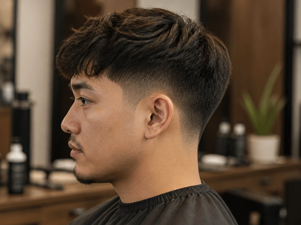 Short taper fade with scissor-cut texture on top