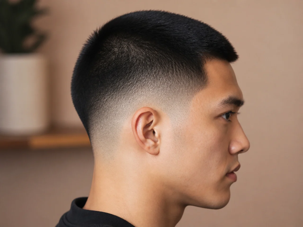 Buzz cut with a tapered fade at the sides