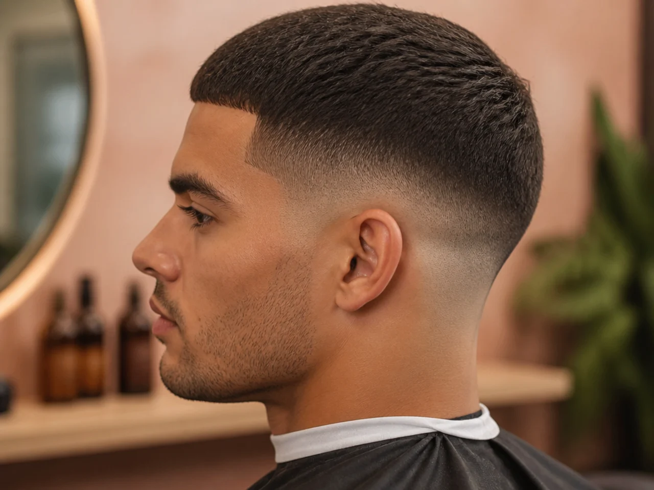 Crew cut with a taper fade at the sides