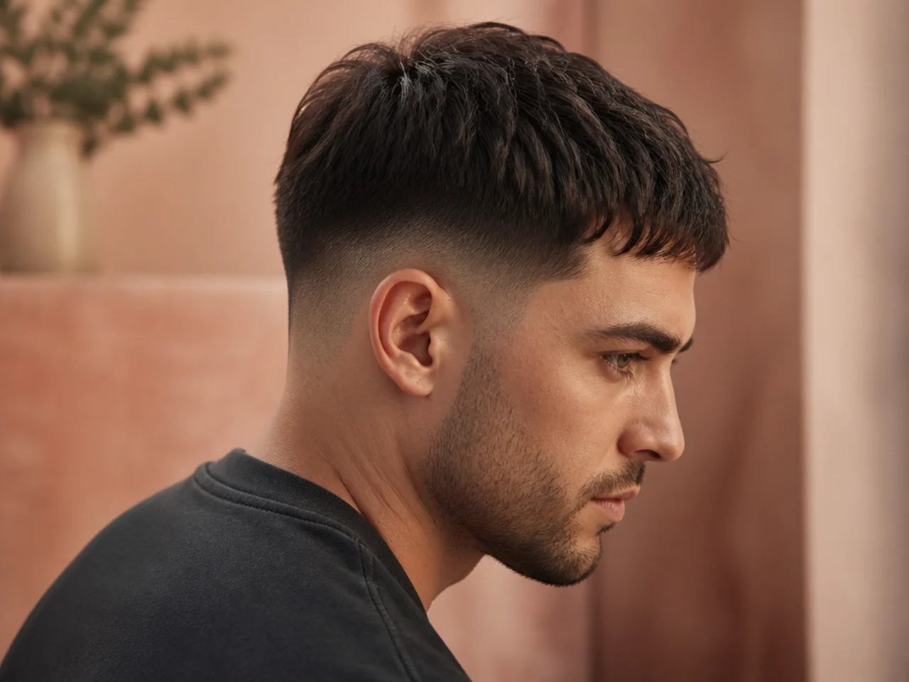 French crop with a short forward fringe and taper fade