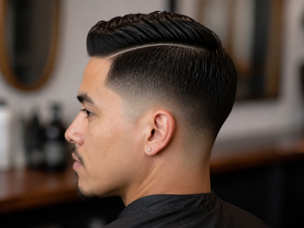 Short taper fade with a razored hard part