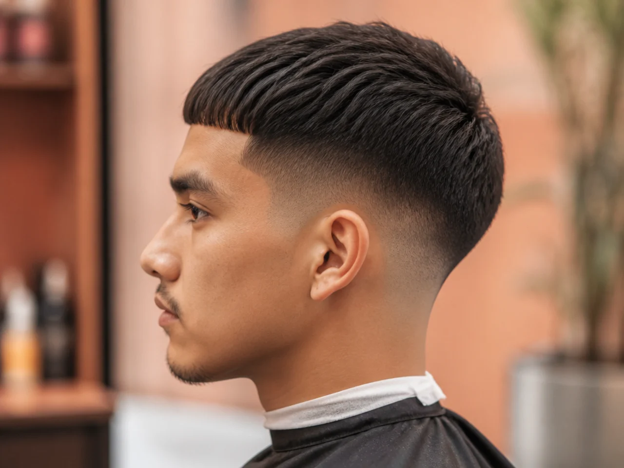 Caesar cut with a blunt short fringe and taper fade