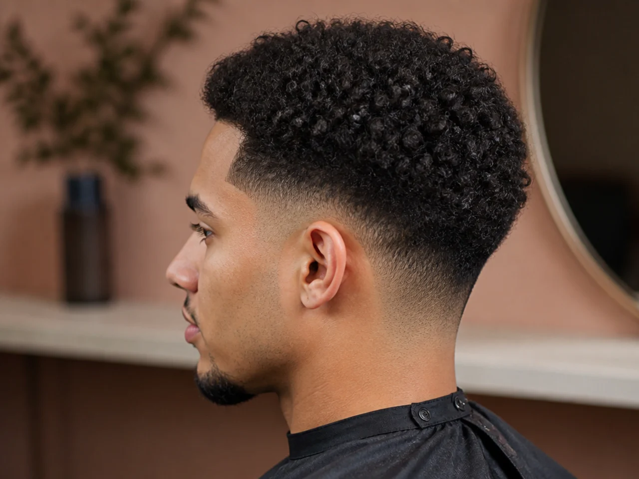 Short coily hair with a clean taper fade