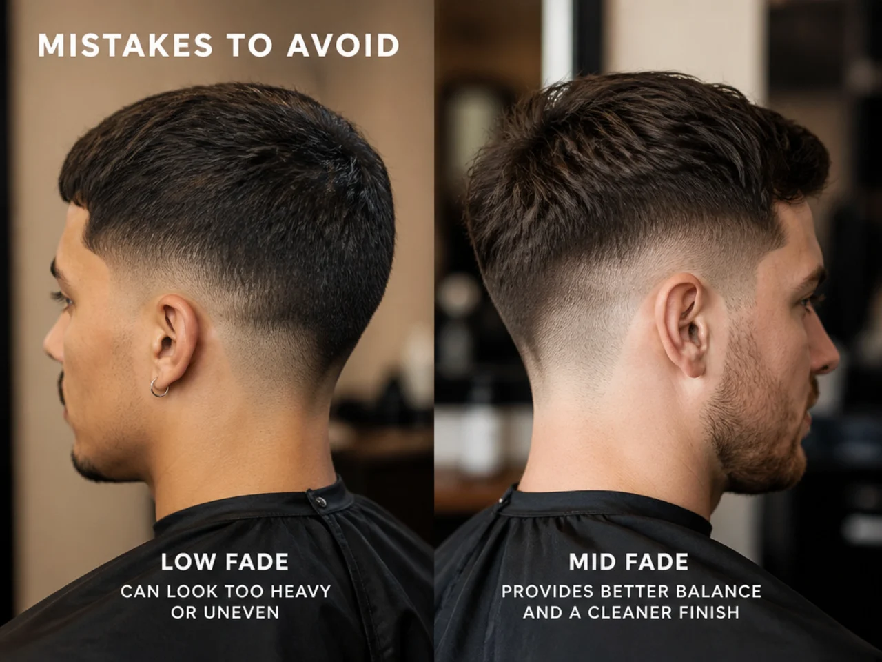 A short cut with a low fade beside the same cut with a mid fade showing the contrast difference