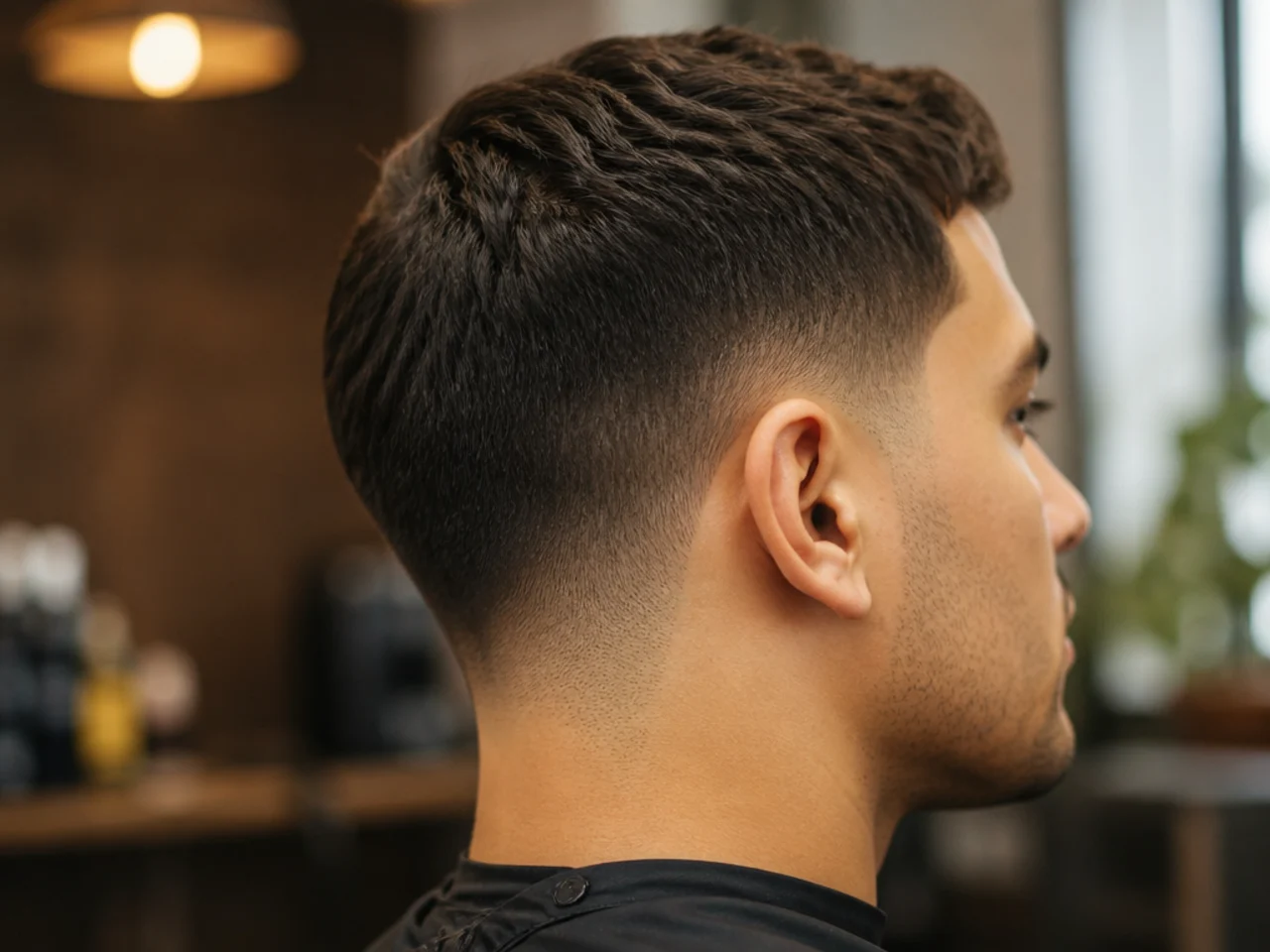 Close-up of a short taper fade showing the blend meeting a short top