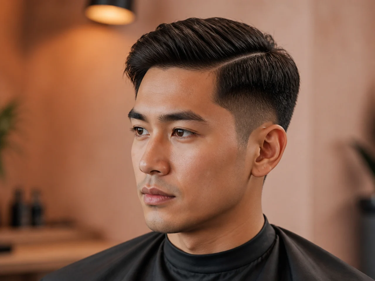 Short side part on a young man with 2 inch top and scissor-tapered sides on wavy brown hair