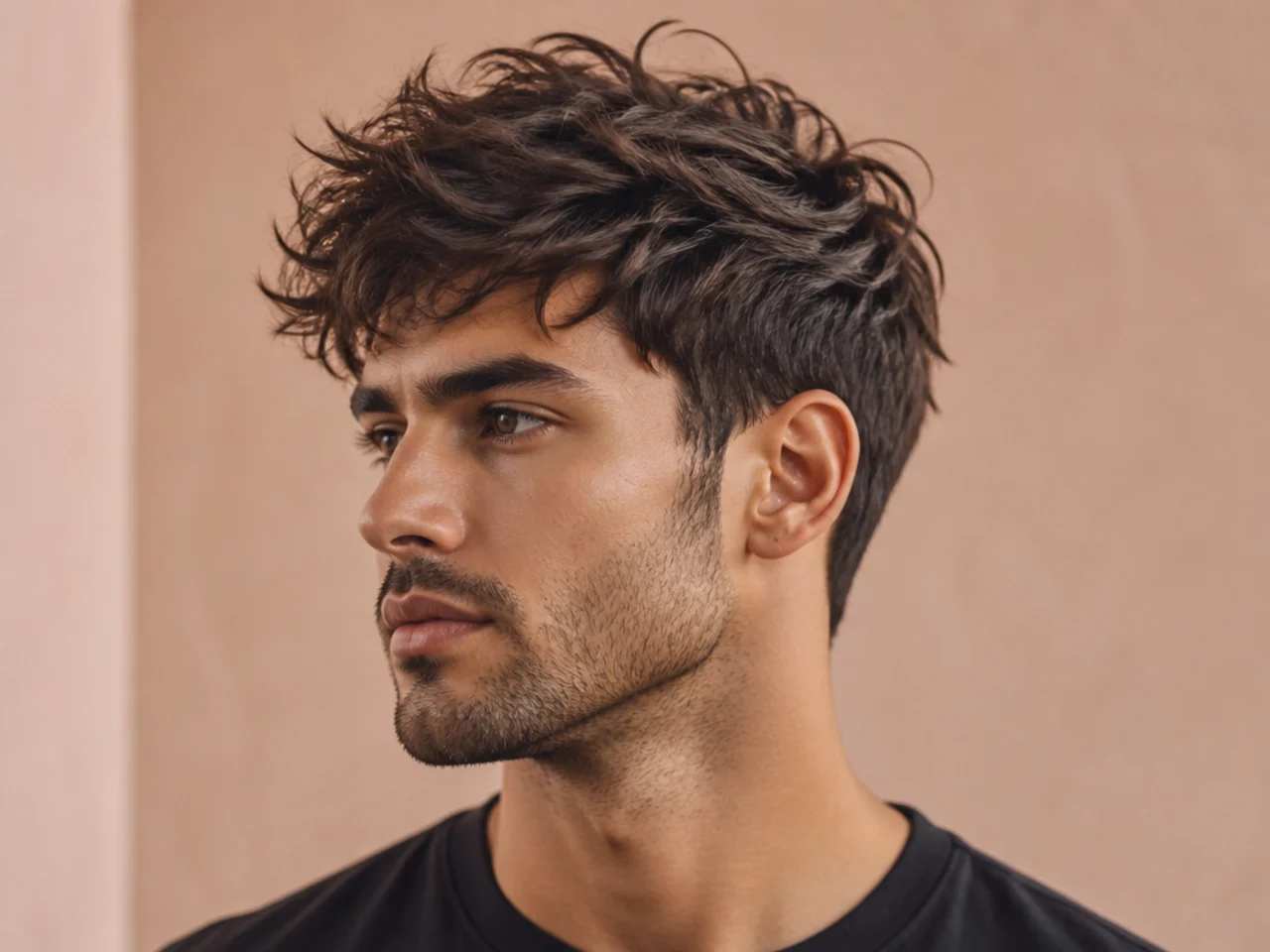 Textured messy top on a young man with 3 inch tousled hair and low taper on wavy brown hair