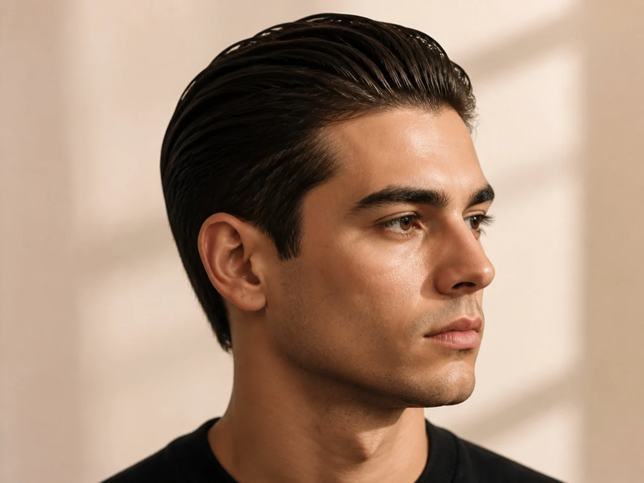Short slick back on a young man with 3 inch pomaded top swept back and low taper on straight dark brown hair