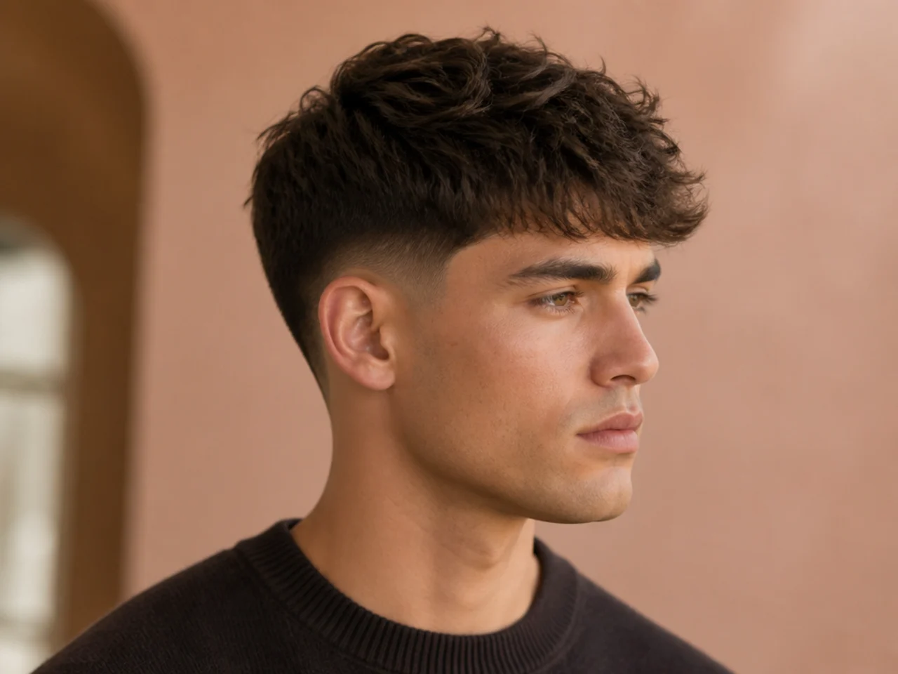 Low taper fade with scissor-cut 3 inch top on a young man with wavy brown hair