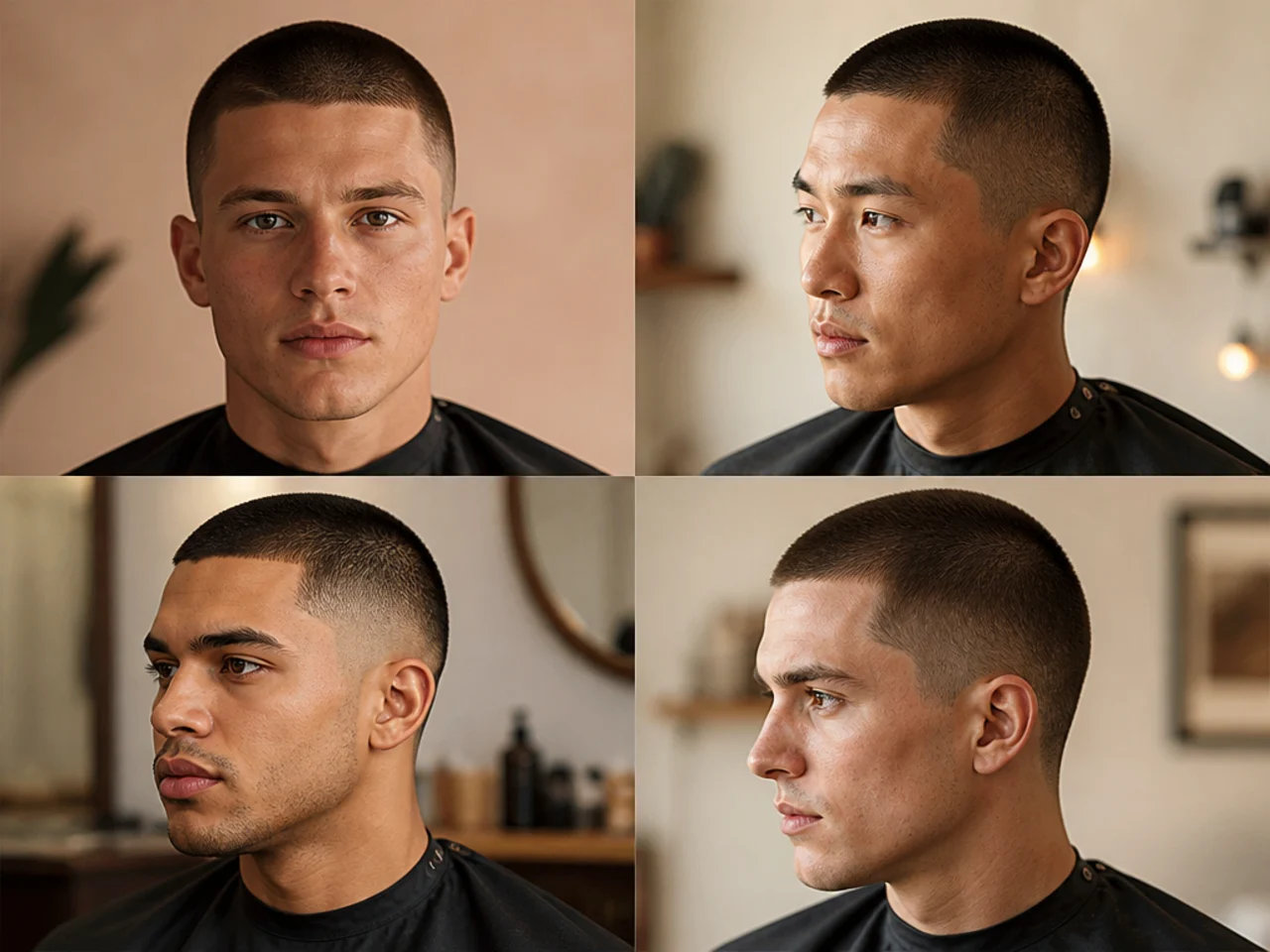 Butch cut on a young man with 2 inch flat top and low fade on straight dark brown hair