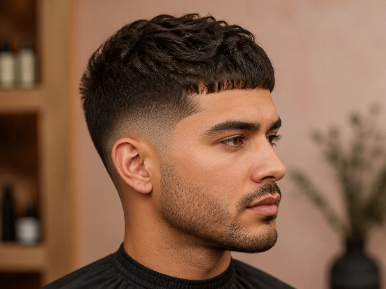 Mid fade with textured crop top on a young man with 2 inch forward-textured top on straight brown hair