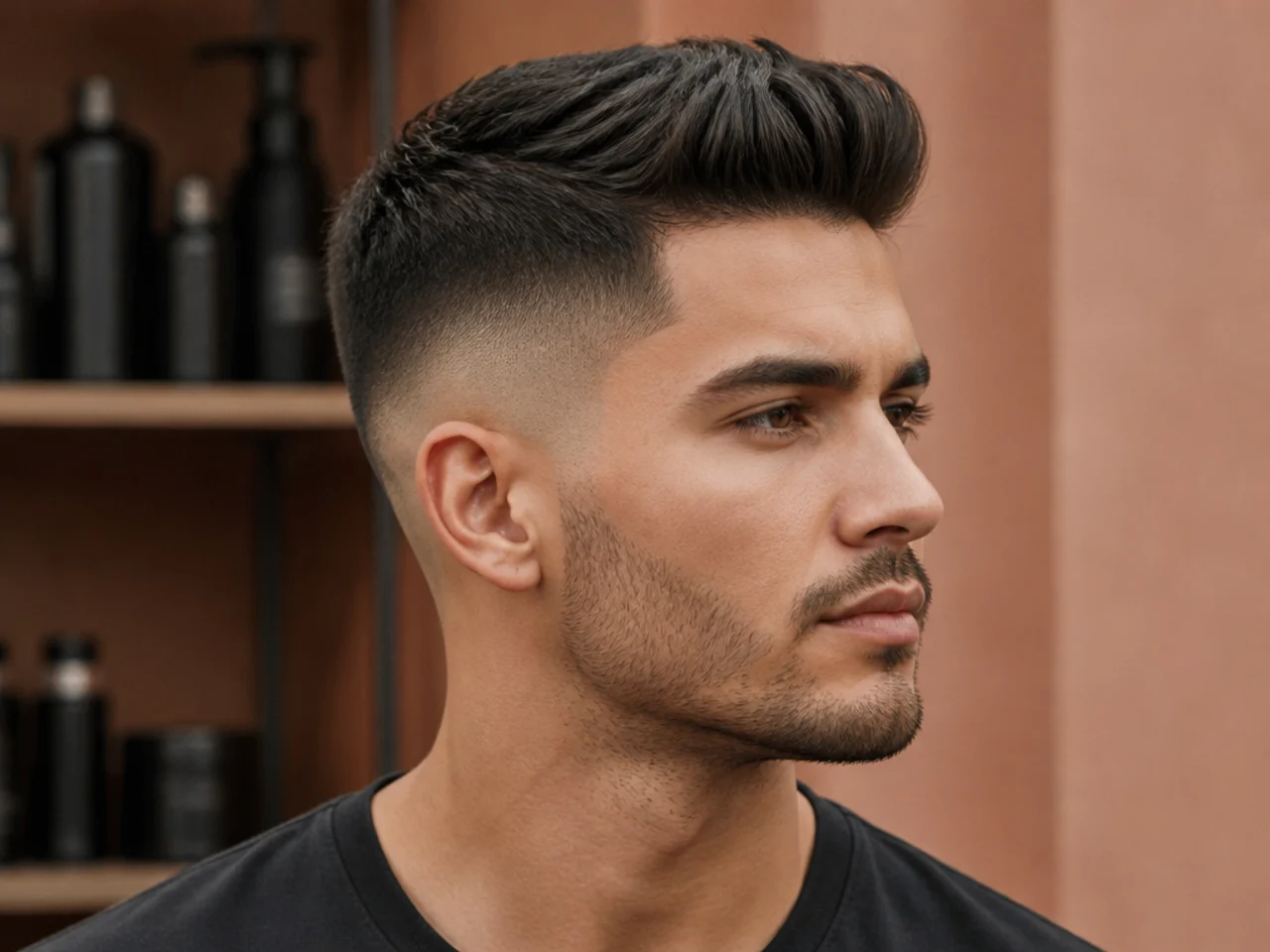 Skin fade with brush up on a young man showing 3 inch pushed-up top and clean skin fade on straight dark brown hair