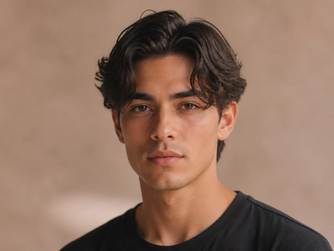 Short curtain fringe on a young man with 3 inch middle-parted top and scissor-blended sides on wavy brown hair