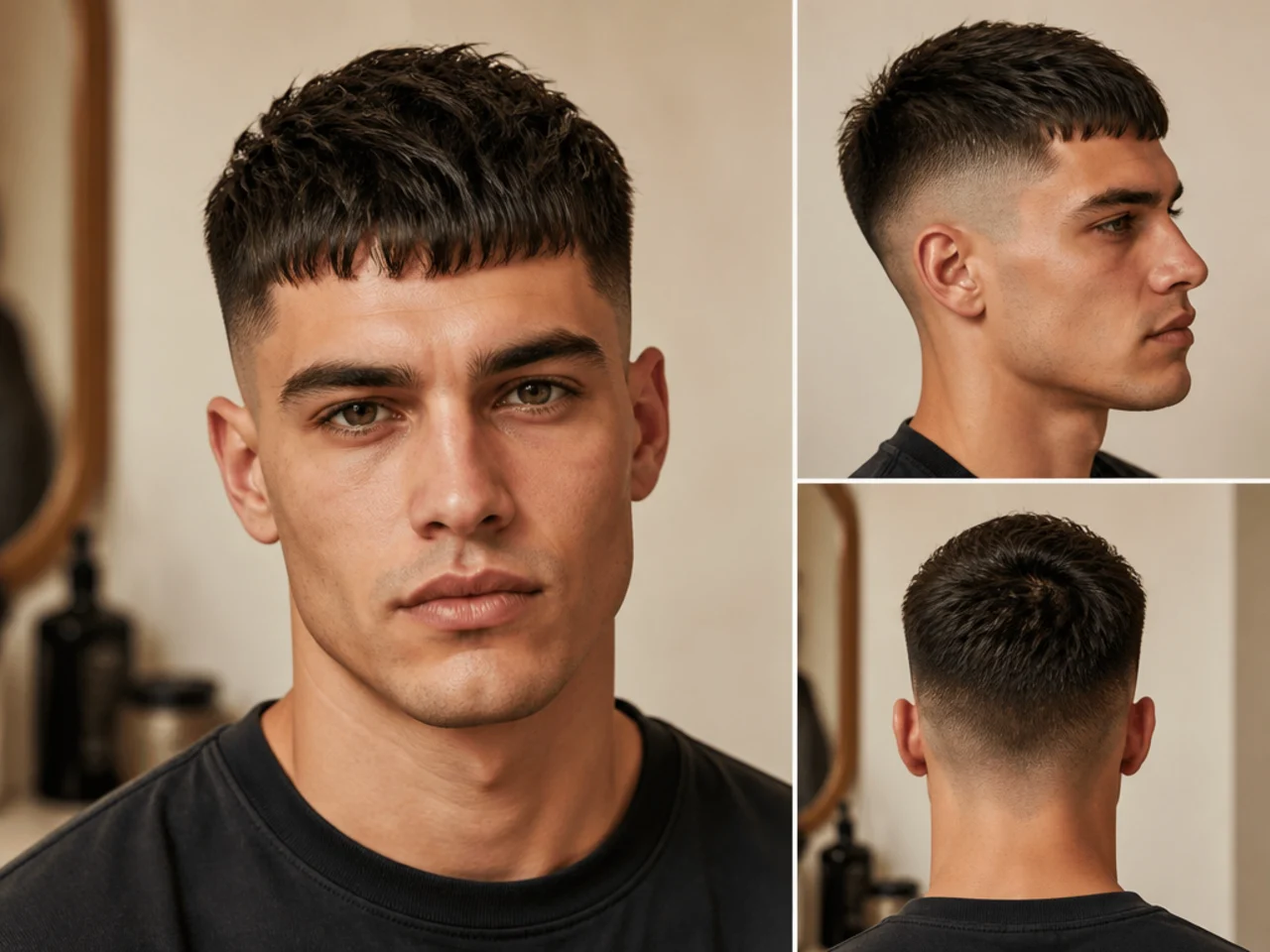 French crop on a young man with blunt short fringe and mid fade on straight brown hair