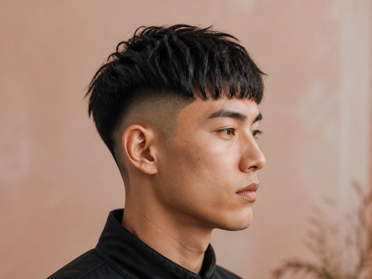 Modern Edgar haircut on a young man with sharp blunt fringe and mid fade on straight dark brown hair