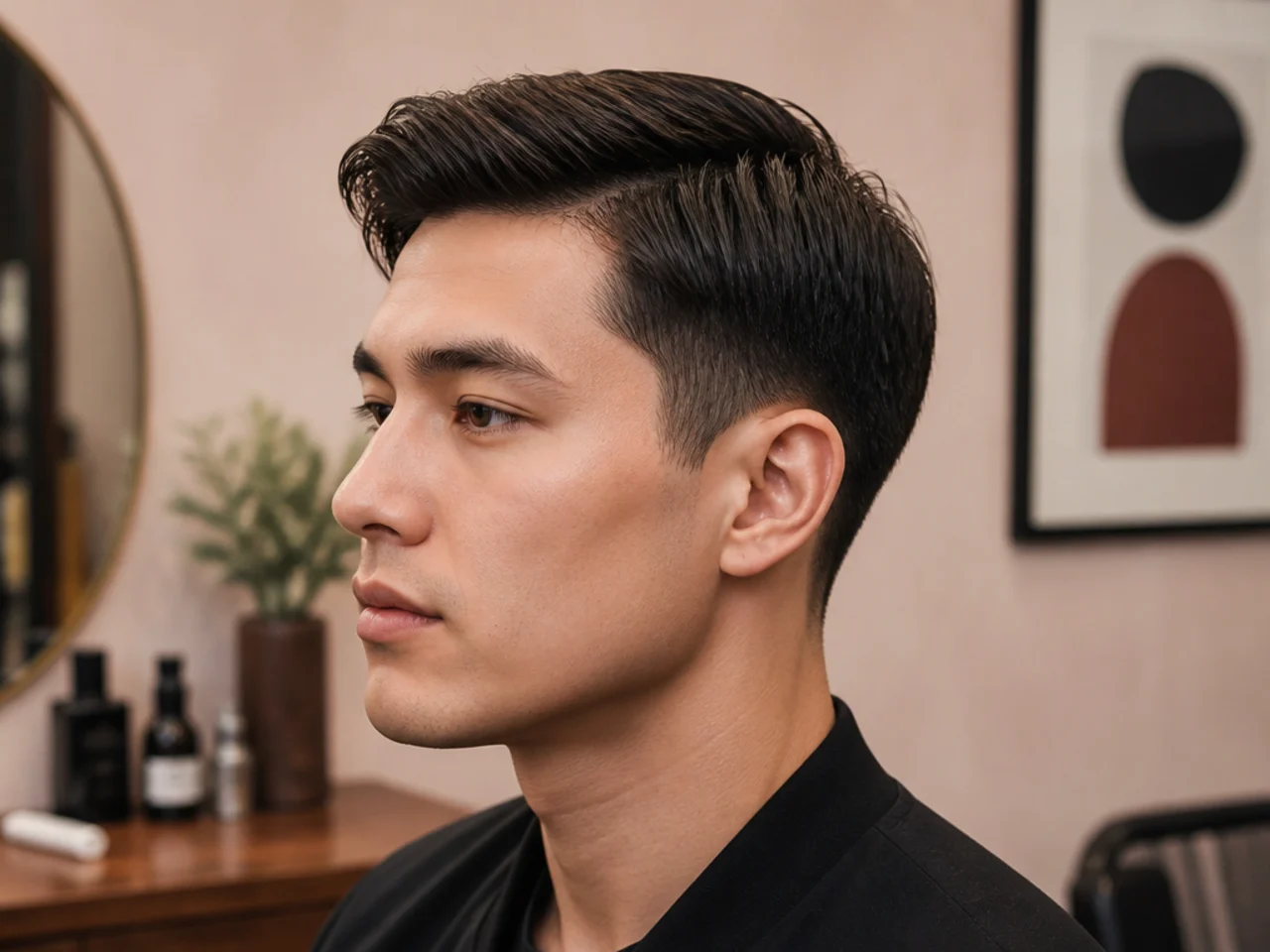 Ivy League haircut on a young man with 3 inch side-parted top and tapered sides on straight brown hair