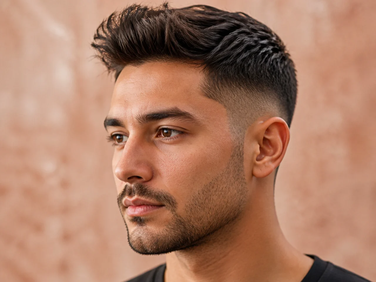 Short modern quiff on a young man with 3 inch brushed-up top and mid fade on straight brown hair
