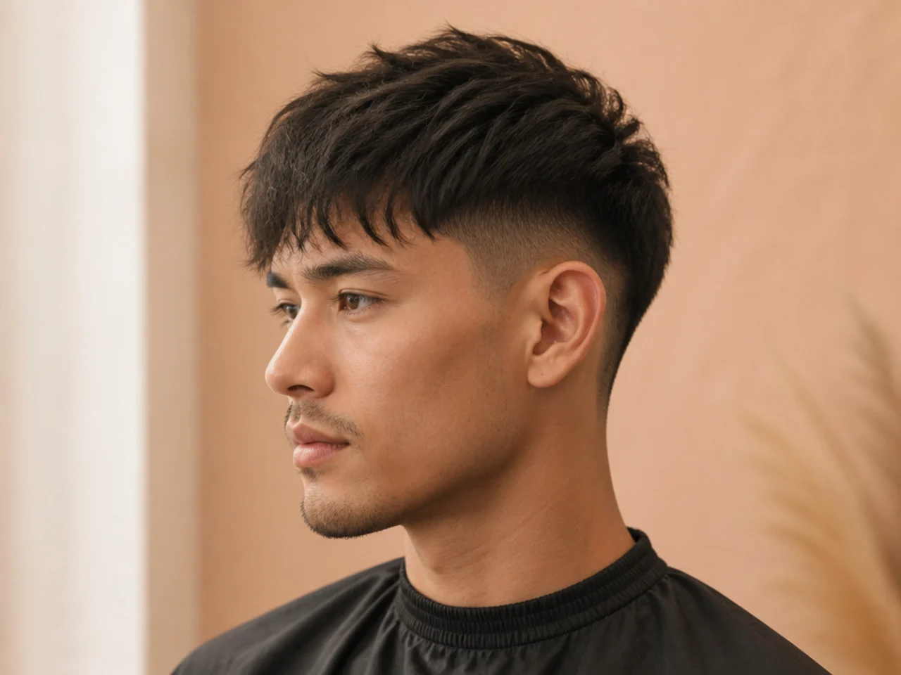 Textured fringe with low fade on a young man showing piecey forward bangs on straight dark brown hair