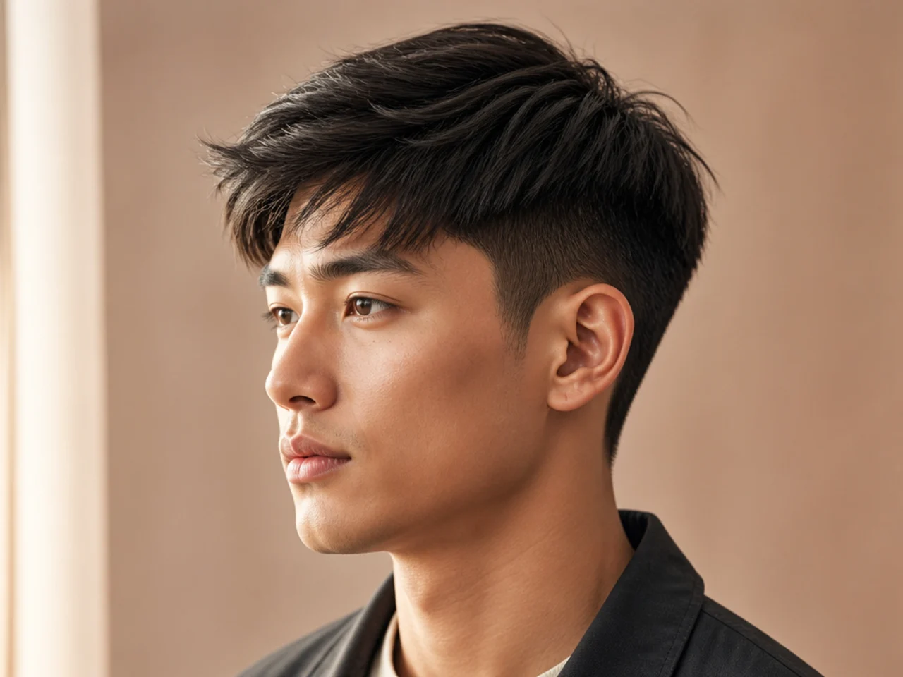 Short two block haircut on a young Korean man with 3 inch top and hidden two-guard underlayer on straight black hair