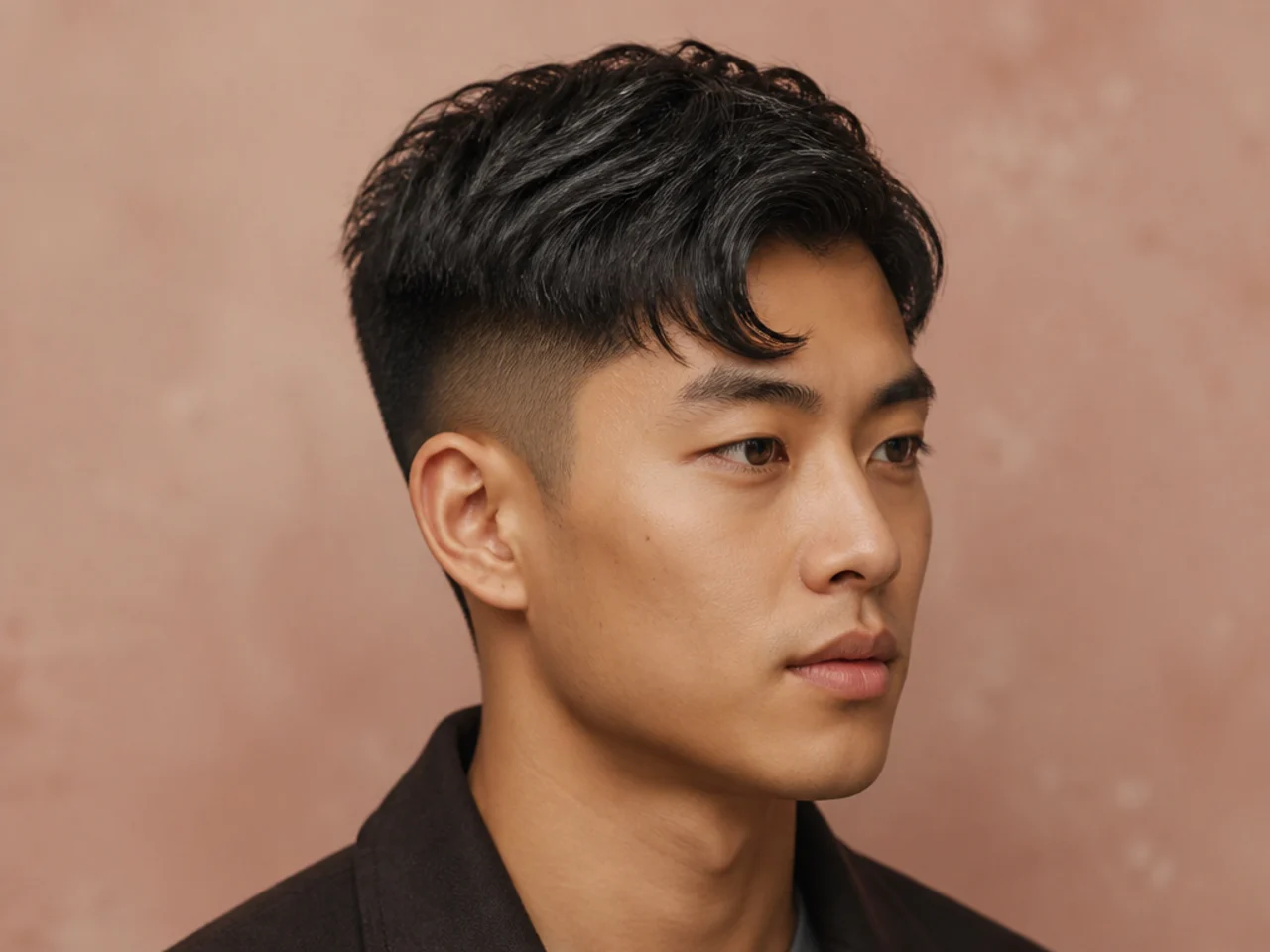 Comma crop on a young man with 3 inch top featuring a curled front lock and soft taper on straight black hair