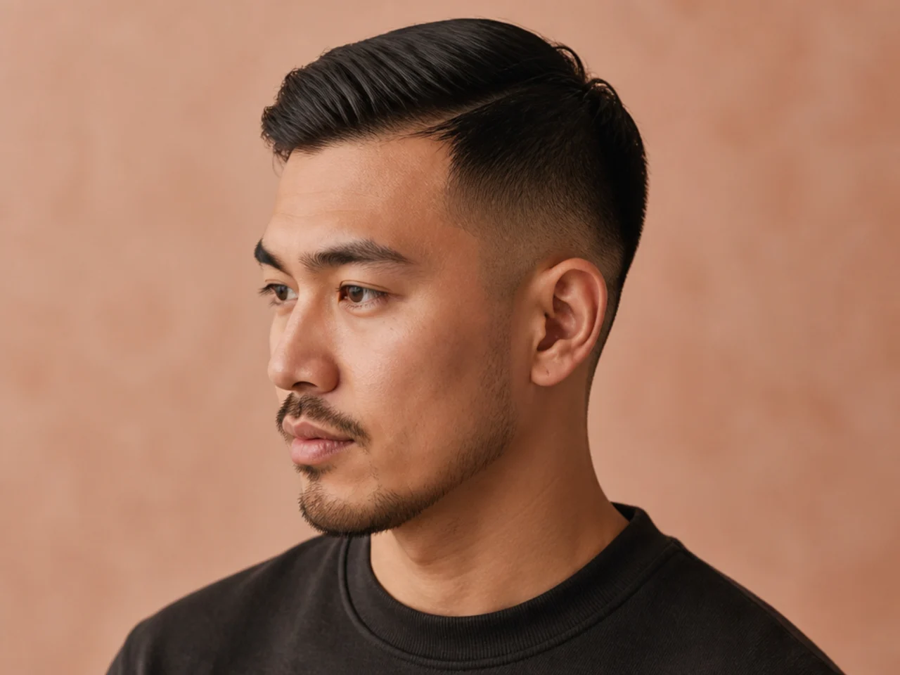 Short comb over on a young man with 3 inch side-swept top and low fade on straight brown hair