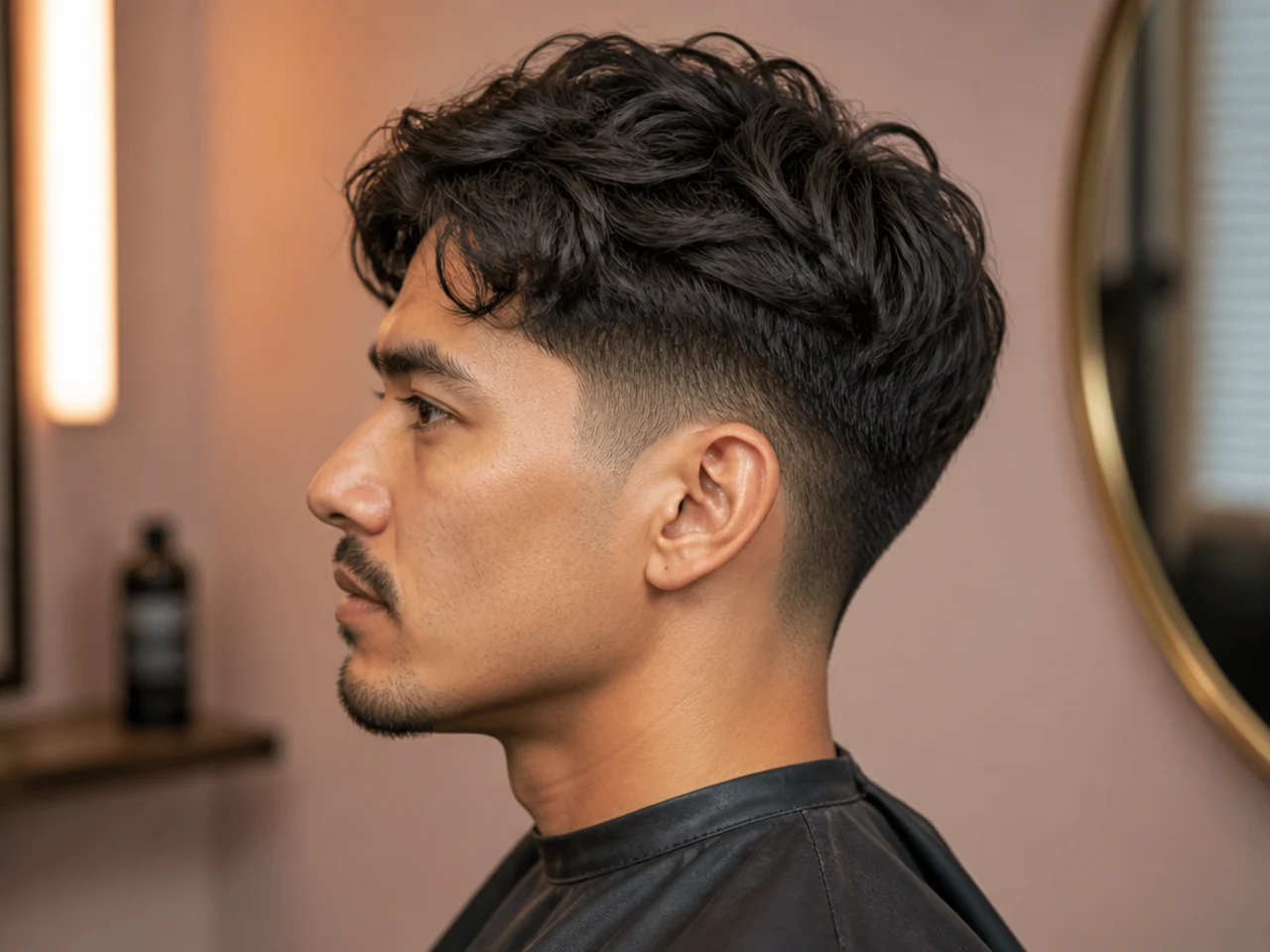Short to medium haircut styling essentials — matte clay, sea-salt spray, small comb, and hairspray on a warm cream surface