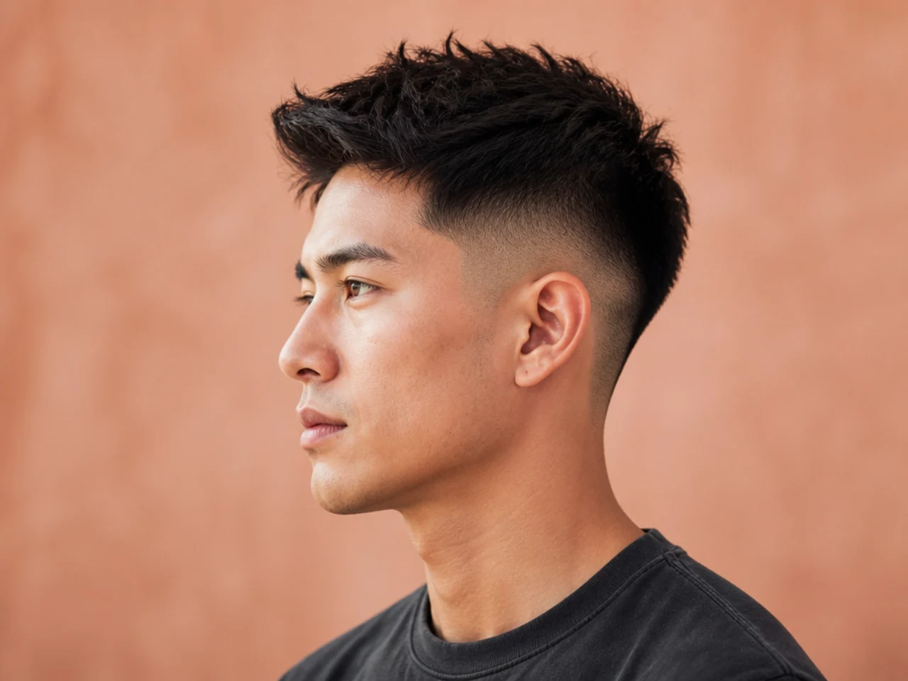 Editorial lineup of short to medium men's haircuts including textured crop, quiff, brush up, and side part