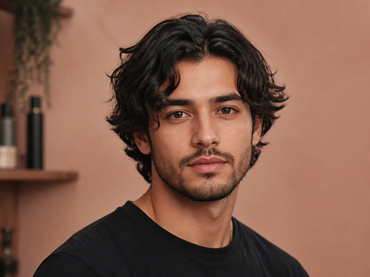 Short to medium haircut for men — textured crop with low fade on wavy brown hair, three-quarter barbershop portrait