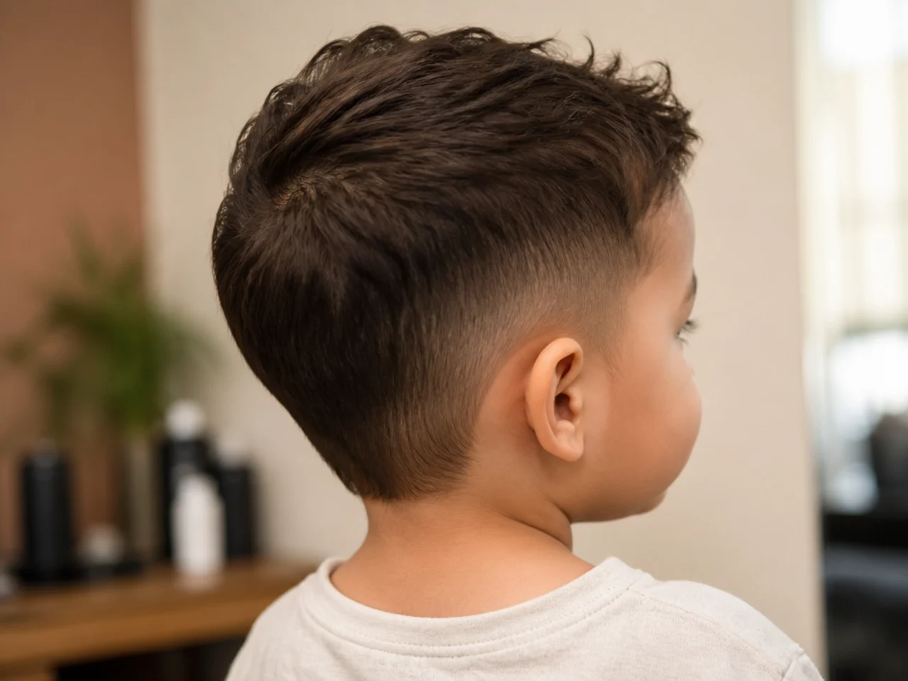 A toddler boy with a short cut and an untouched neckline