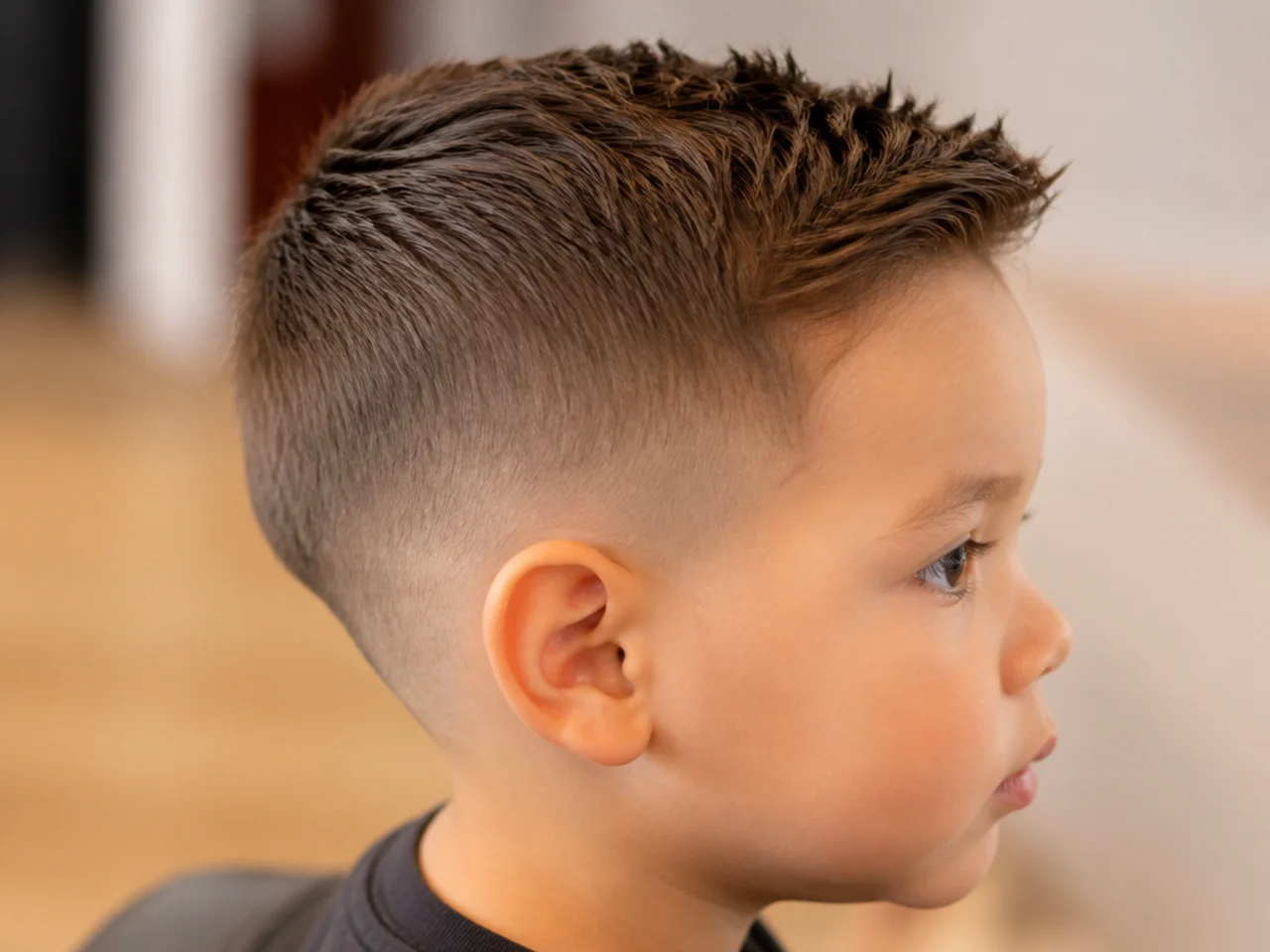 A toddler boy with short back and sides and longer hair on top