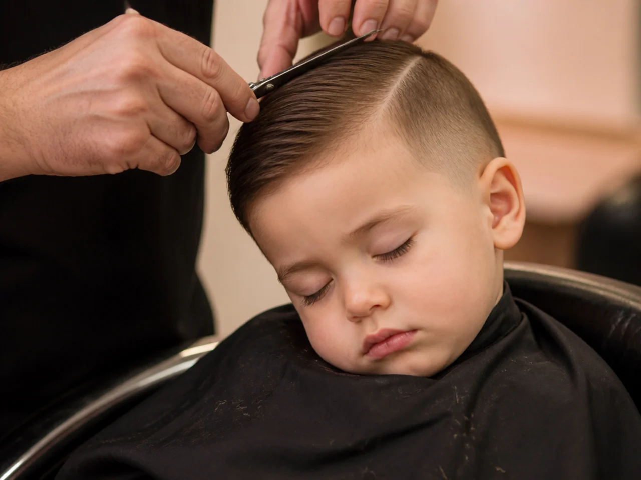 A sleeping toddler having his hair cut with scissors