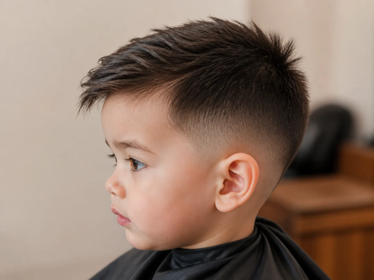 A toddler boy with a short top and longer hair at the front