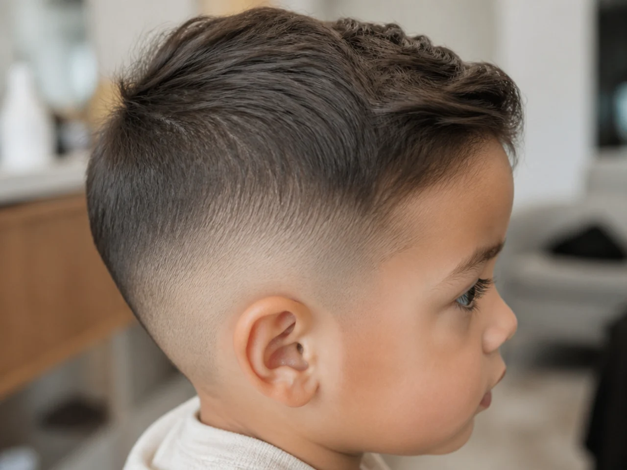 A toddler boy with shorter hair behind the ears