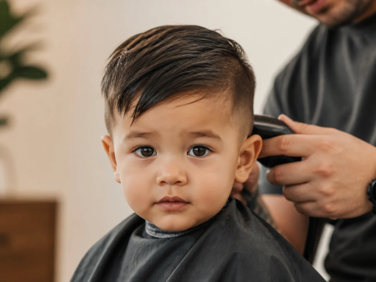 A parent starting a toddler's haircut at the back of the head