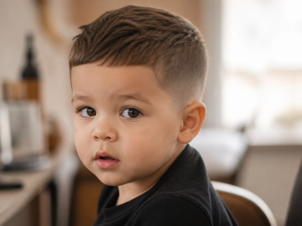 A toddler boy with a scissor-cut top and clippered sides