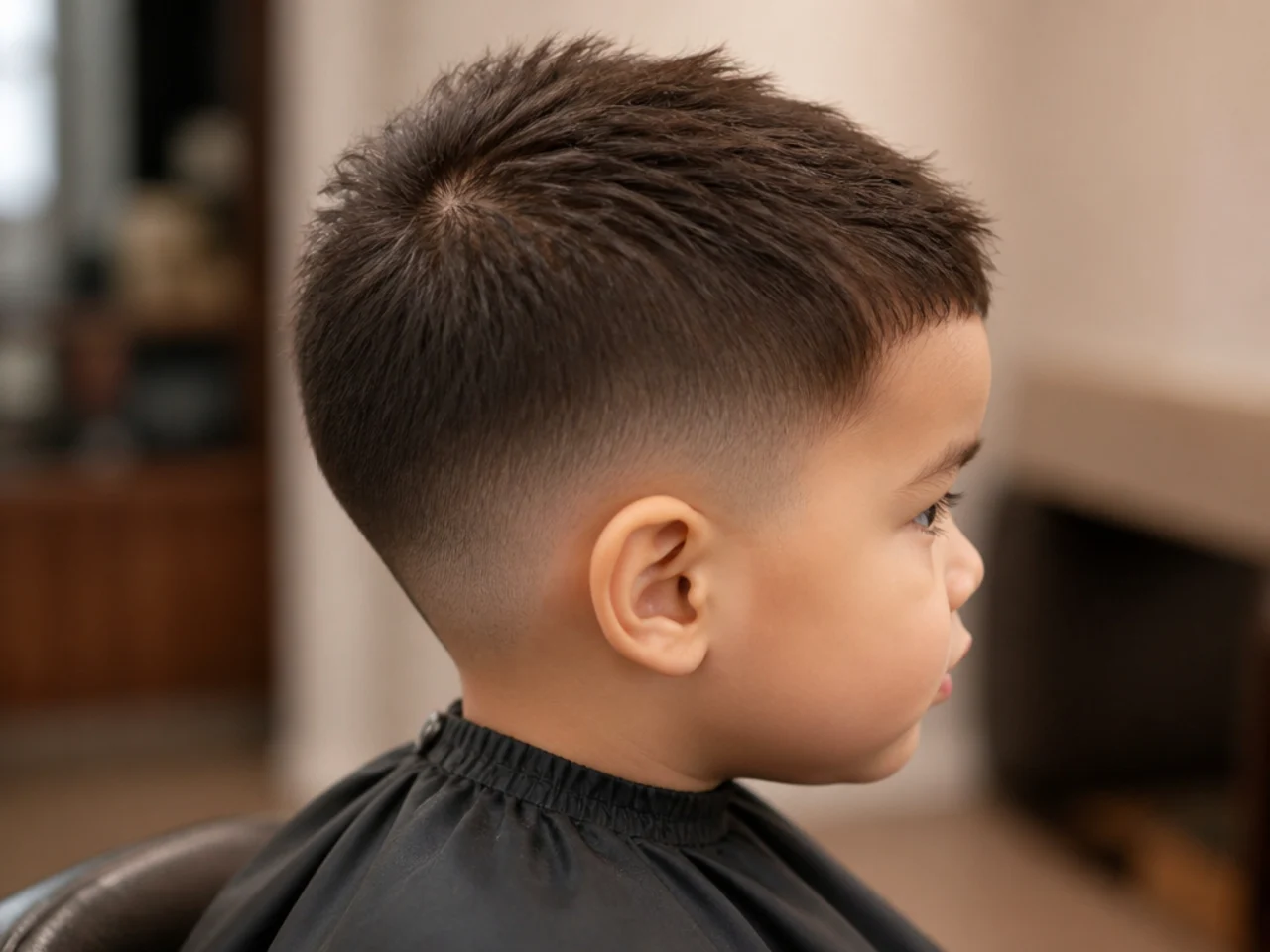 A toddler boy with a short cut over a cowlick at the crown
