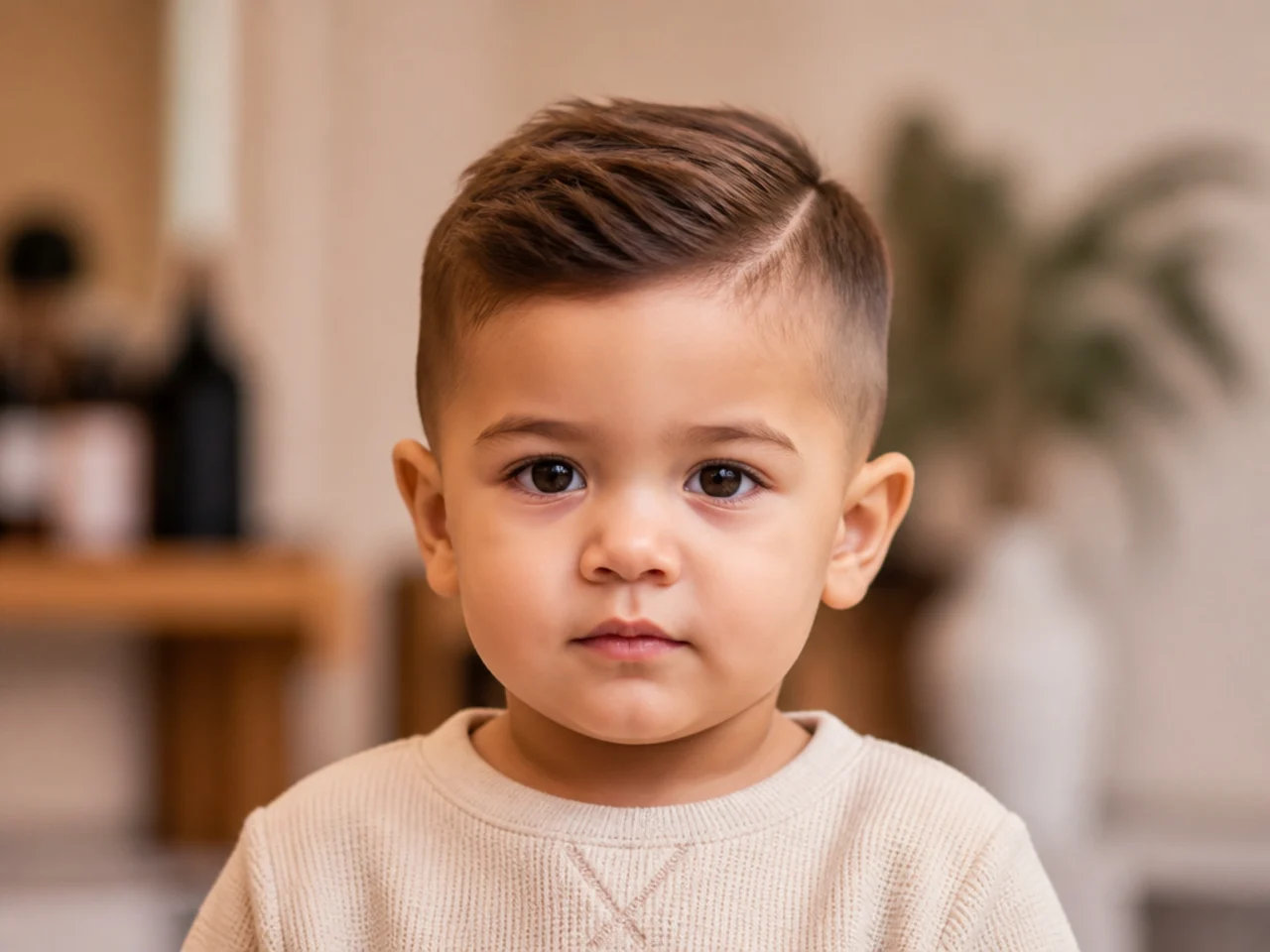 A toddler boy with clippered sides and a scissor-cut top