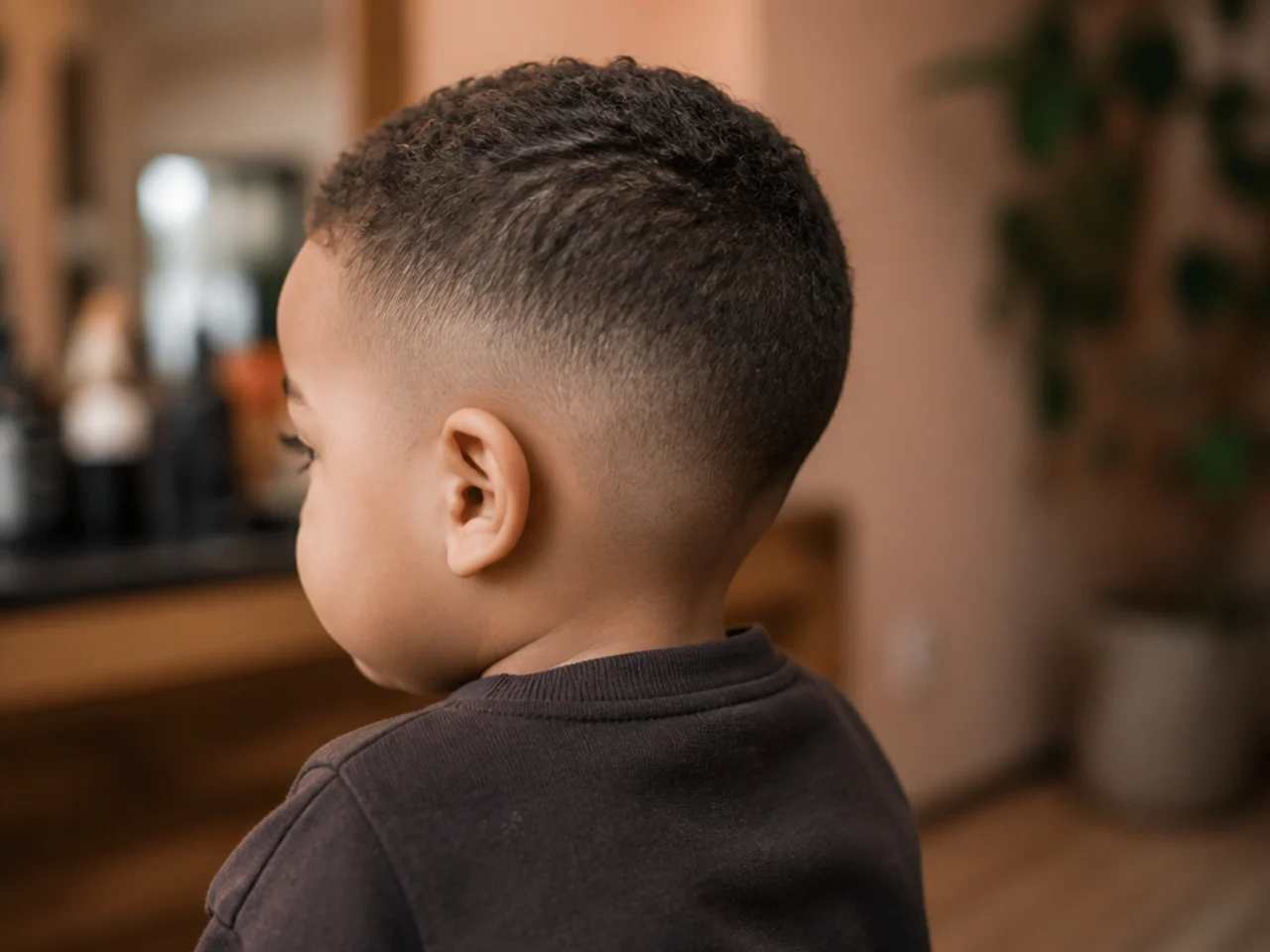 A toddler boy with a short cut and no separate fringe