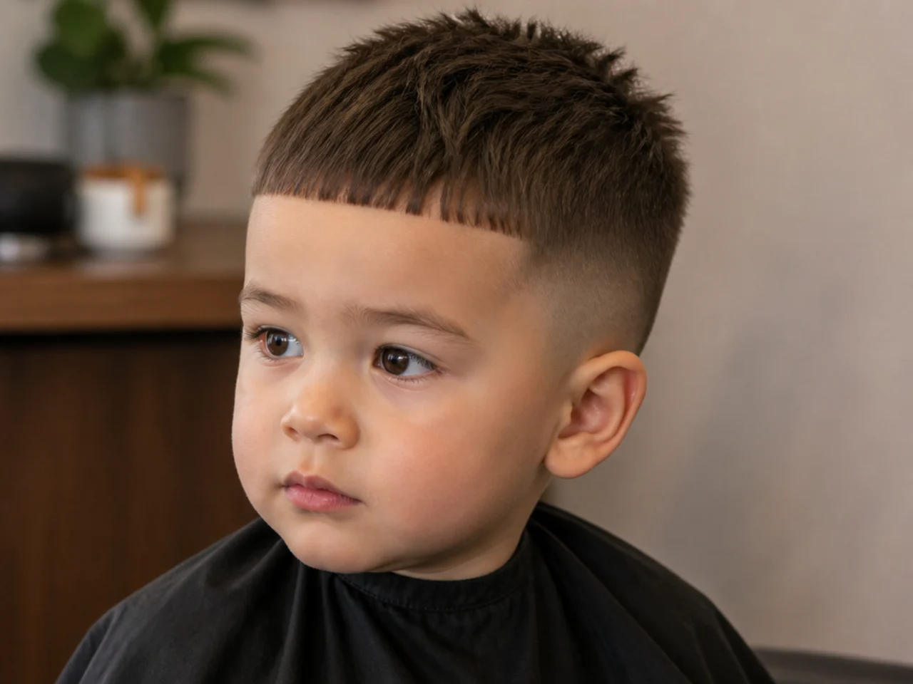 A toddler boy with a short crop and a blunt fringe