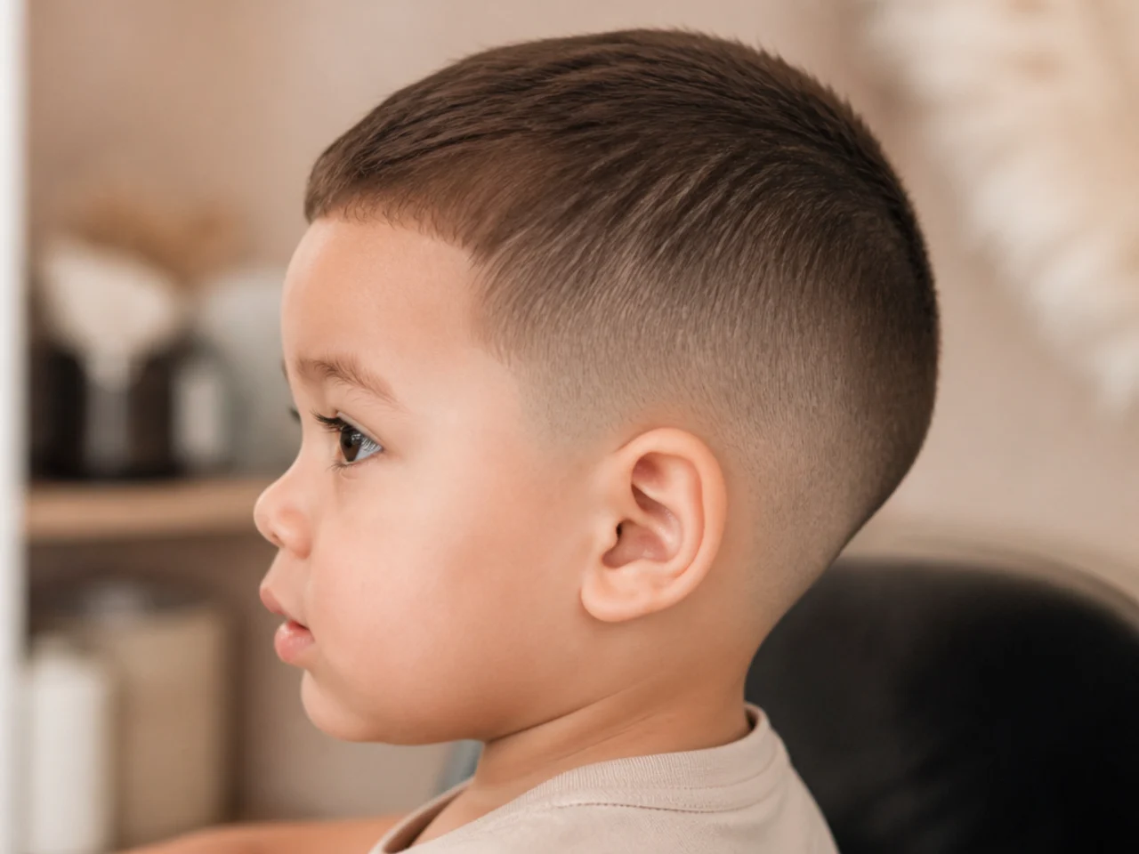 A toddler boy with a short rounded haircut
