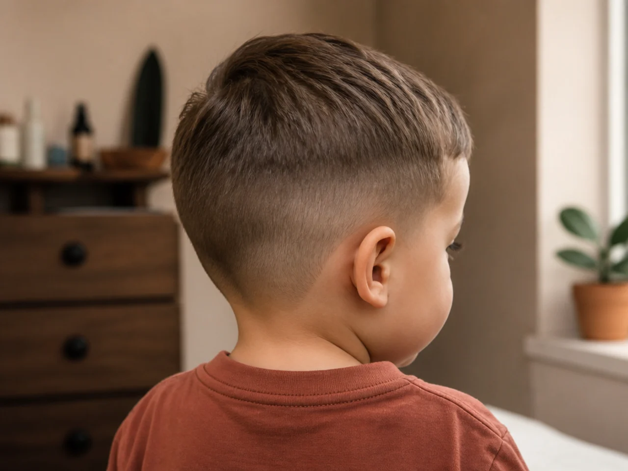 A toddler boy with two clipper lengths and no blend