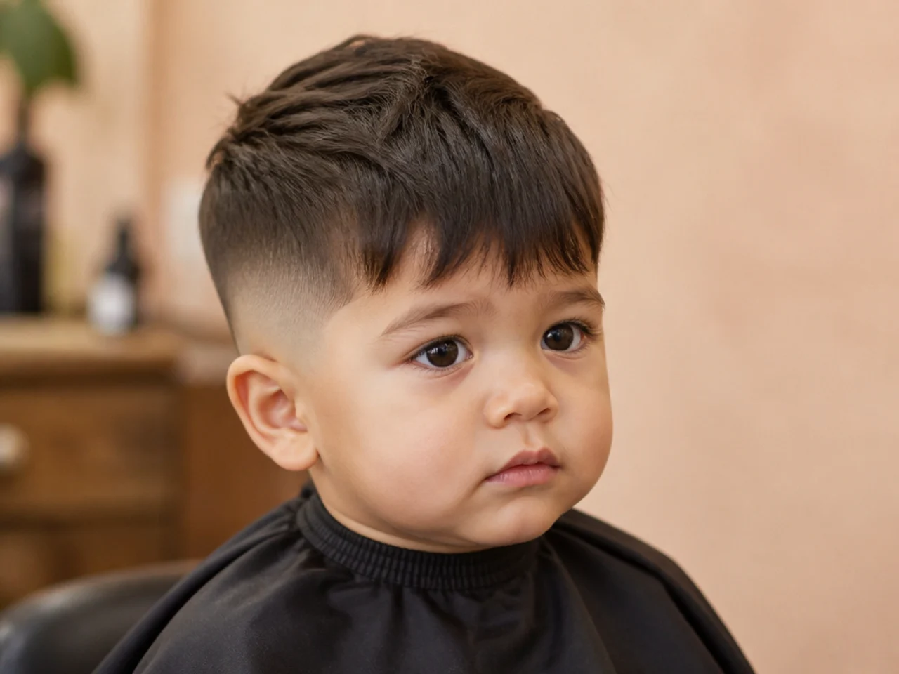 A toddler boy with short clippered sides and a longer fringe