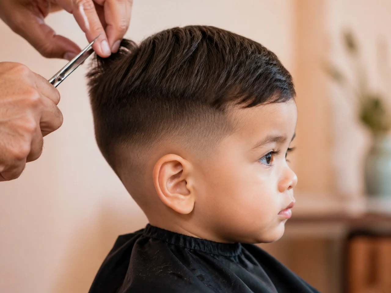 A toddler boy having a short crop cut with scissors