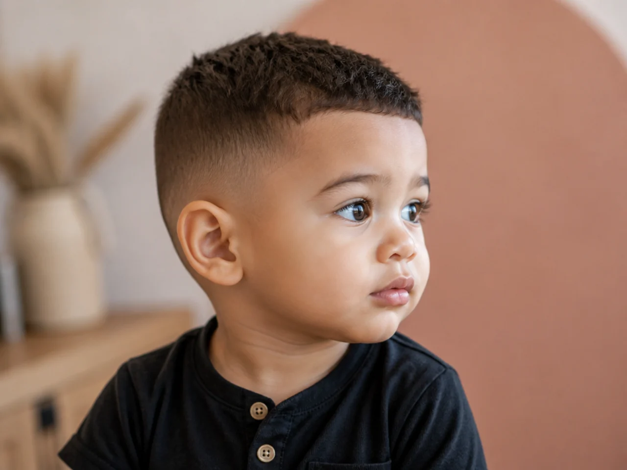 Side view of a toddler boy with a short even haircut